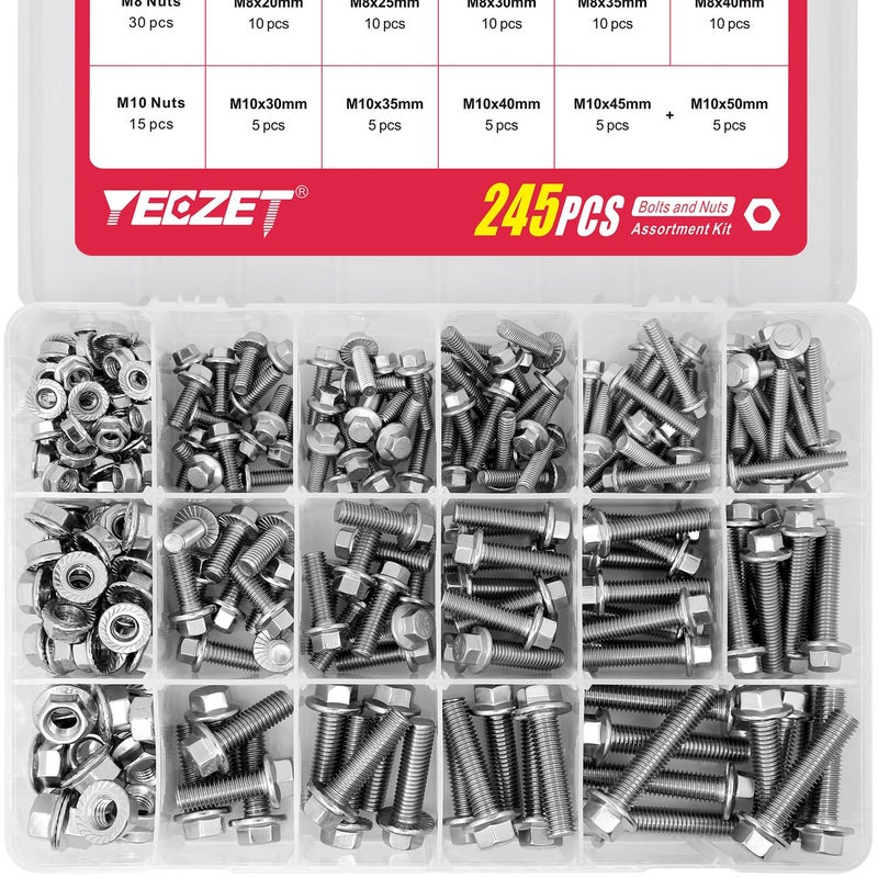 YEEZET 245PCS M6 M8 M10 Heavy Duty Flanged Bolts and Nuts Kit,Stainless Steel 304 Metric Flanged Hex Screws Nuts Includes 15 Most Common Sizes - Image 1